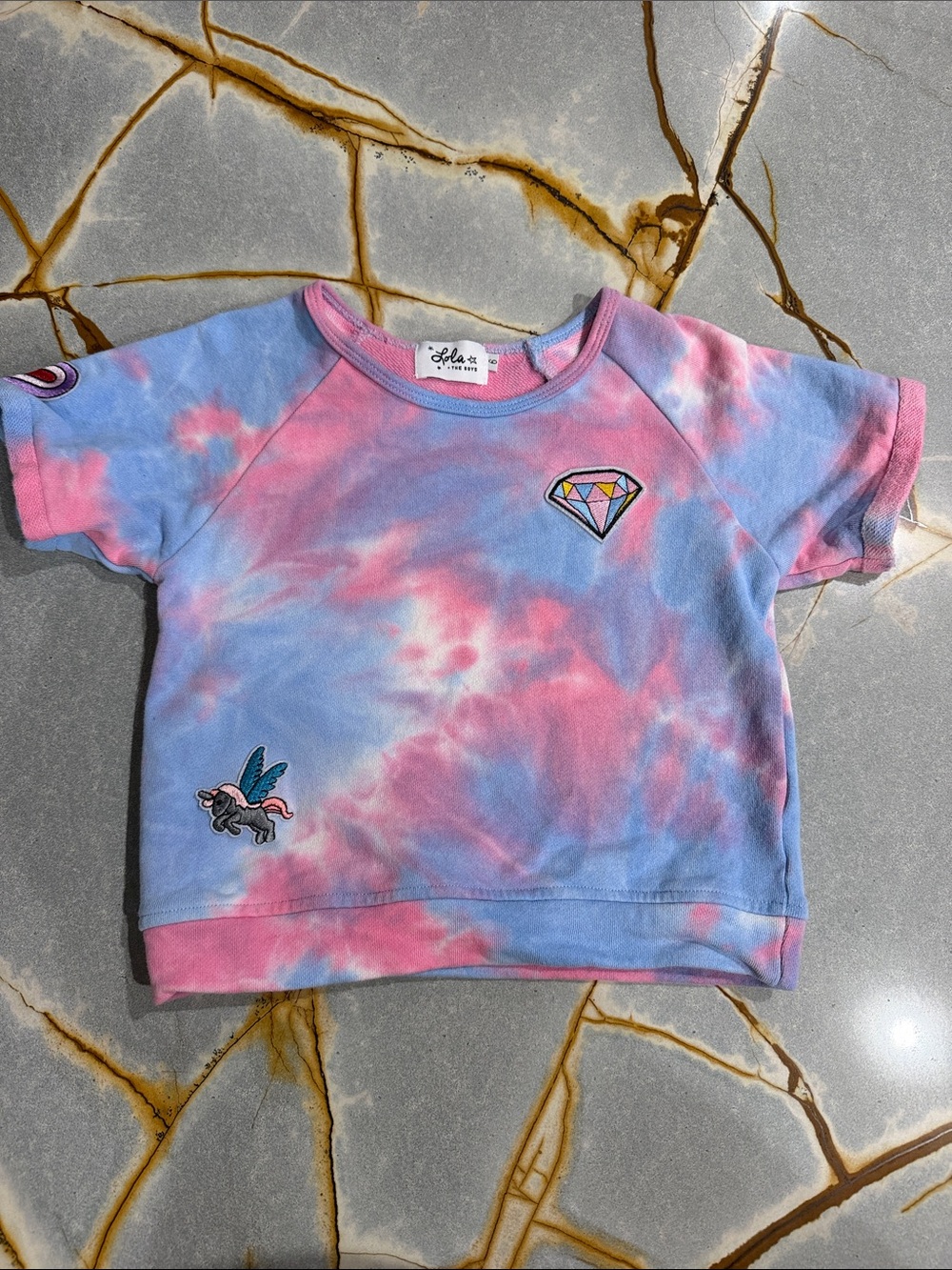 Pink & Blue Tie-Dye Short Sleeve Sweatshirt with Patches